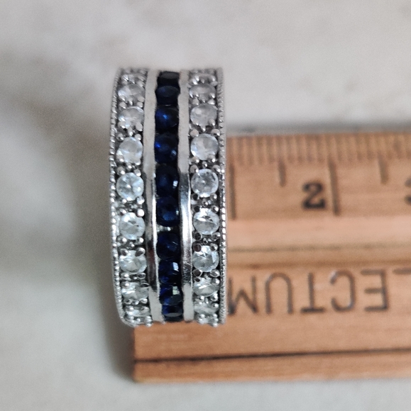 Dazzling Three Row Sterling Silver Band Ring 💍with CZ and Sapphires - Picture 9 of 15
